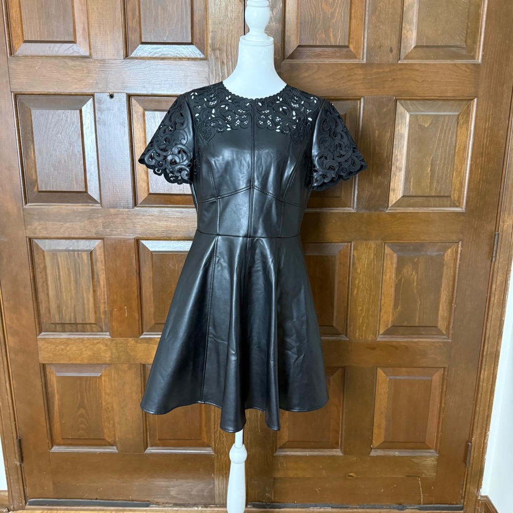 NEW Shoshanna Faux Leather Skater Dress Sz 6 Laser Cut Lace Detail Jet Pockets